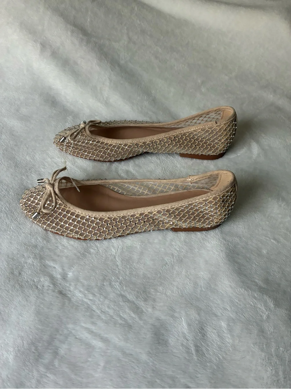 BAMBOO Nude Beaded Ballet Flats with Bow